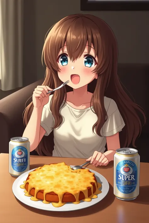  beer cans instead of plates ,2D anime style,８ year old girl , long brown hair is fluffy , blue eyes, The background is the living room,I'm eating dinner,gratin,Beer cans with cheese on them , Asahi Super Dry , beer cans with melted cheese on top


