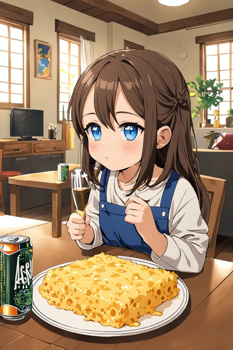  beer cans instead of plates ,2D anime style,８ year old girl , long brown hair is fluffy , blue eyes, The background is the living room,I'm eating dinner,gratin,Beer cans with cheese on them , Asahi Super Dry , beer cans with melted cheese on top


