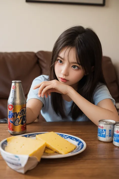  beer cans instead of plates ,2D anime style,８ year old girl , long brown hair is fluffy , blue eyes, The background is the living room,I'm eating dinner,gratin,Beer cans with cheese on them , Asahi Super Dry , beer cans with melted cheese on top


