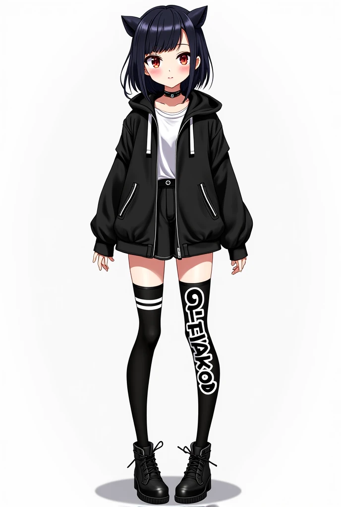 A stylish girl wearing a black and white striped thigh-high socks with ‘SITAKO’ written on them. anime