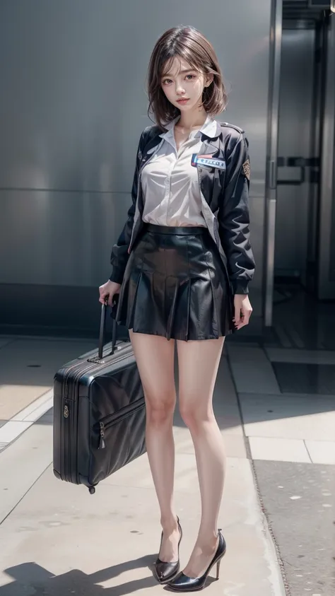 A beautiful, 24-year-old Japanese woman with perfect anatomy, healthy thighs, beautiful legs, beautiful skin, random hair color and style, large breasts, (wearing a flight attendant uniform with a mini-skirt:1.3), (she is standing:1.2), full body shot, pum...