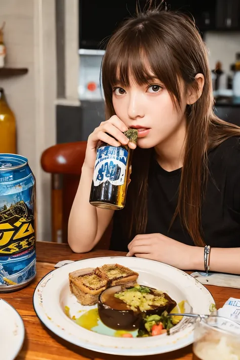  beer cans instead of plates ,2D anime style,８ year old girl , long brown hair is fluffy , blue eyes, The background is the living room,I'm eating dinner,gratin,Beer cans with cheese on them , Asahi Super Dry , beer cans with melted cheese on top


