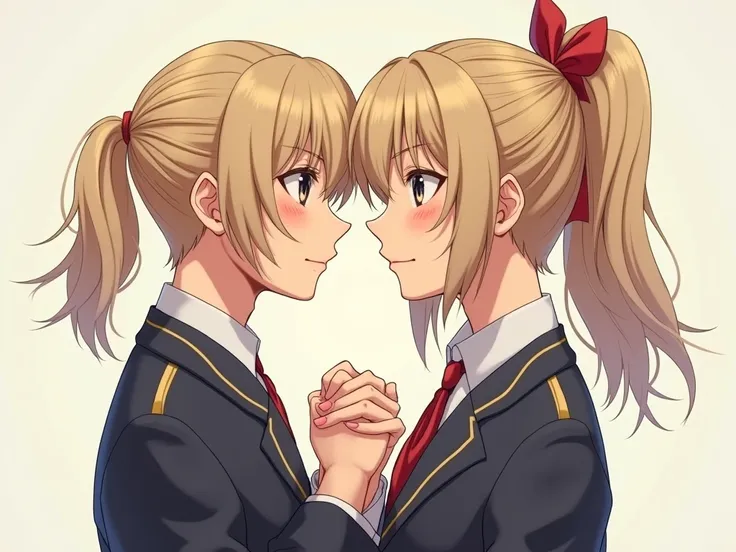 (realistic) 19-year-old twin brother and sister,  shoulder length blonde hair,  the sister wears a red ribbon to tie her hair in a ponytail, The brother throws the whole cabela to one side, They have their backs to each other ,  Your hands are intertwined ...