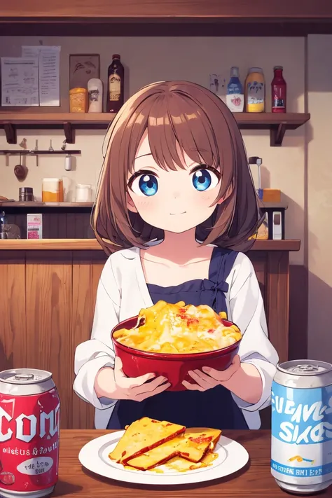  beer cans instead of plates ,2D anime style,８ year old girl , long brown hair is fluffy , blue eyes, The background is the living room,I'm eating dinner,gratin,Beer cans with cheese on them , Asahi Super Dry , beer cans with melted cheese on top


