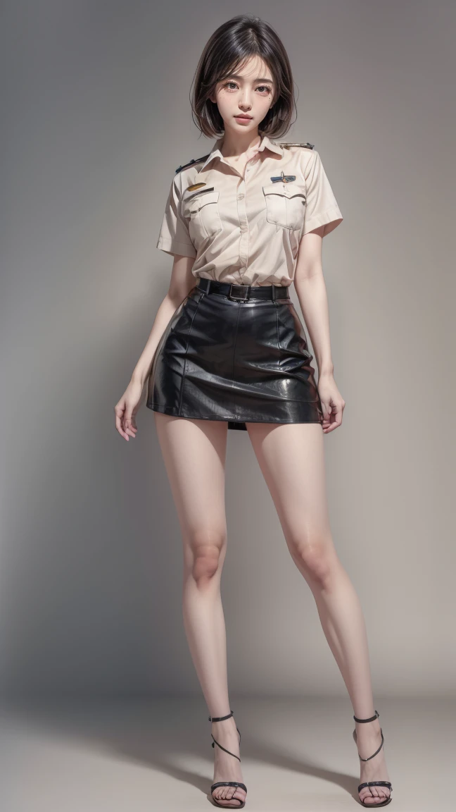 beautiful Japanese woman, 22 years old, perfect anatomy, healthy thighs, beautiful legs, beautiful skin, random hair color, random hairstyle, large breasts, female police officer, (Japanese police uniform:1.3), (miniskirt:1.3), (she is standing:1.2), full ...