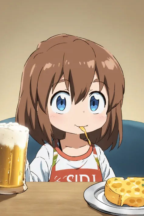  beer cans instead of plates ,2D anime style,８ year old girl , long brown hair is fluffy , blue eyes, The background is the living room,I'm eating dinner,gratin,Beer cans with cheese on them , Asahi Super Dry , beer cans with melted cheese on top


