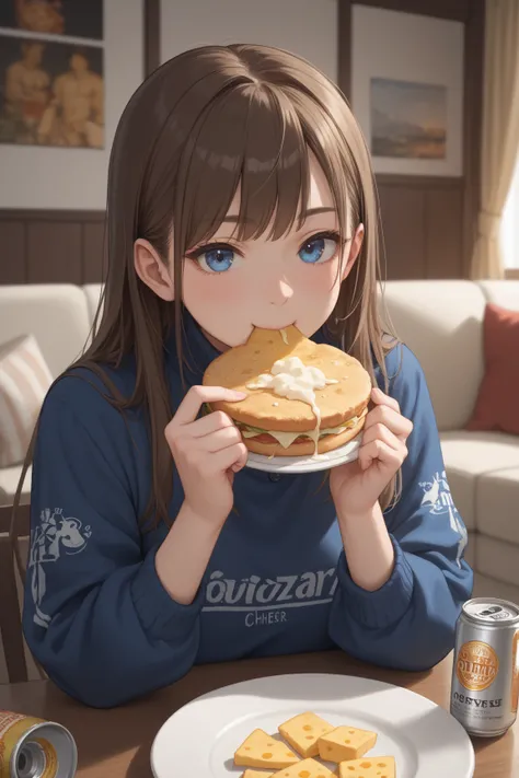  beer cans instead of plates ,2D anime style,８ year old girl , long brown hair is fluffy , blue eyes, The background is the living room,I'm eating dinner,gratin,Beer cans with cheese on them , Asahi Super Dry , beer cans with melted cheese on top


