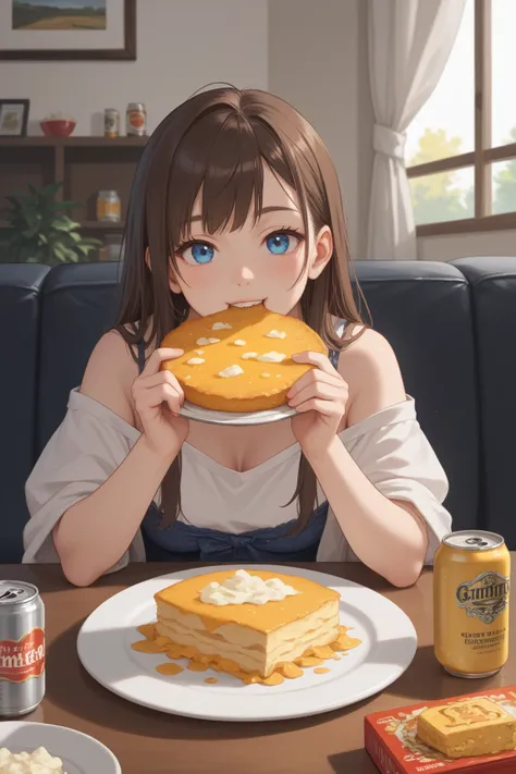  beer cans instead of plates ,2D anime style,８ year old girl , long brown hair is fluffy , blue eyes, The background is the living room,I'm eating dinner,gratin,Beer cans with cheese on them , Asahi Super Dry , beer cans with melted cheese on top


