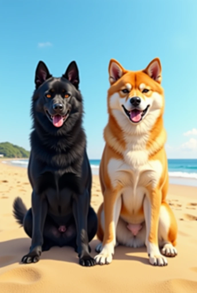 Real photo。Black Shiba Inus and light brown large Akita Inus are side by side。The background is a sunny sandy beach。Real photo。