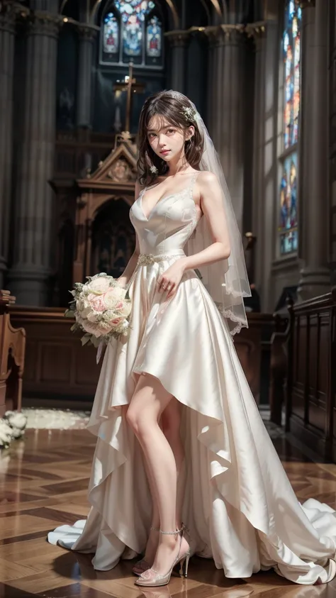 A beautiful young Japanese woman, 26 years old, with healthy thighs, beautiful legs, flawless skin, random hair color and style, large breasts, wearing a (wedding dress:1.3), (she is standing:1.2), full body shot, high heels, holding a bouquet in her hands...