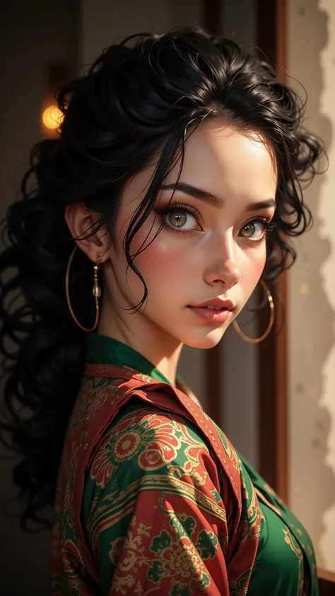 A stunning depiction ， shows a gorgeous Tunisian housewife ， Has a curled black ponytail and beautiful navigation， around her freckled face 。 of her striking green eyes ， accentuated by bronze eyeliner and long lashes ， reveals a mesmerizing eye 。 Her plum...