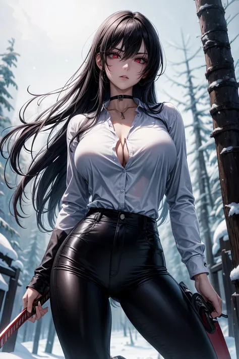 1 woman, woman fighting two zombies, High school girl swordsman, holds a katana in his right hand, long black hair, beautiful eyes, detailed eyes, Red eyes, choker:1.6, captivating look, wearing a white long-sleeved button-down shirt, big breasts, shiny bl...