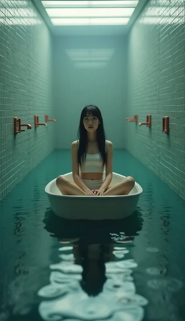 A girl sits at a boat in an bathroom flooded with water 