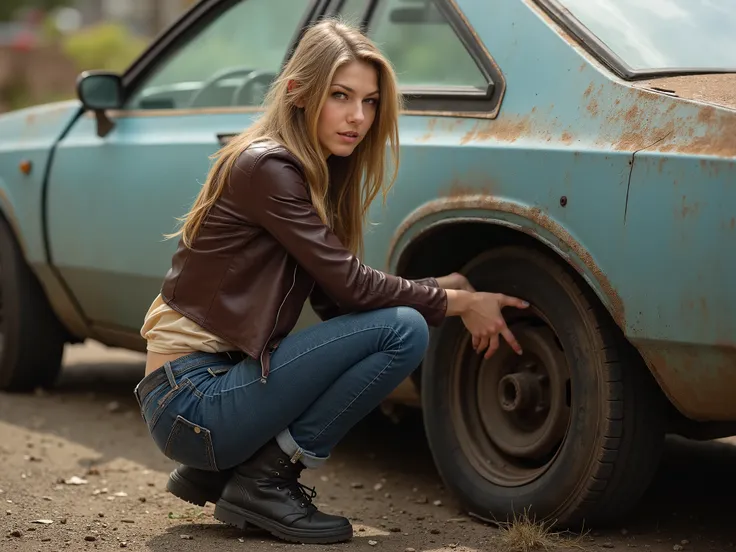 Krystal Boyd, Anjelica, accroupie, change la roue crevée de sa vielle voiture. jeans moulant taille très basse sous le nombril. veste cuir très courte à manches longues, ajustée et boutonnée. T-shirt sous la veste. photo en pied. qualité photo HD. 