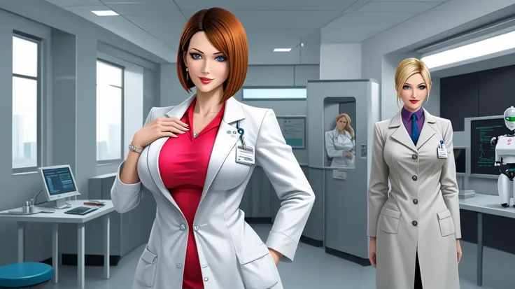 female style robot in doctor coat, fully clothed, covered breasts, Secret Laboratory, giga_busty