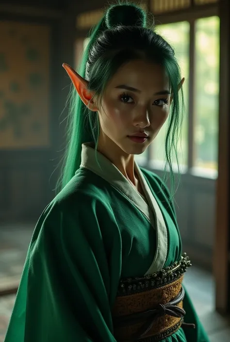 Upper body shot, Japanese woman, pointy elf ears, white skin, forest green hair, closed mouth, feudal Japanese kimono, dynamic pose, complex fantasy character, NSFW, cinematic lighting, fantasy, magic, detailed background, in feudal Japanese house, best qu...