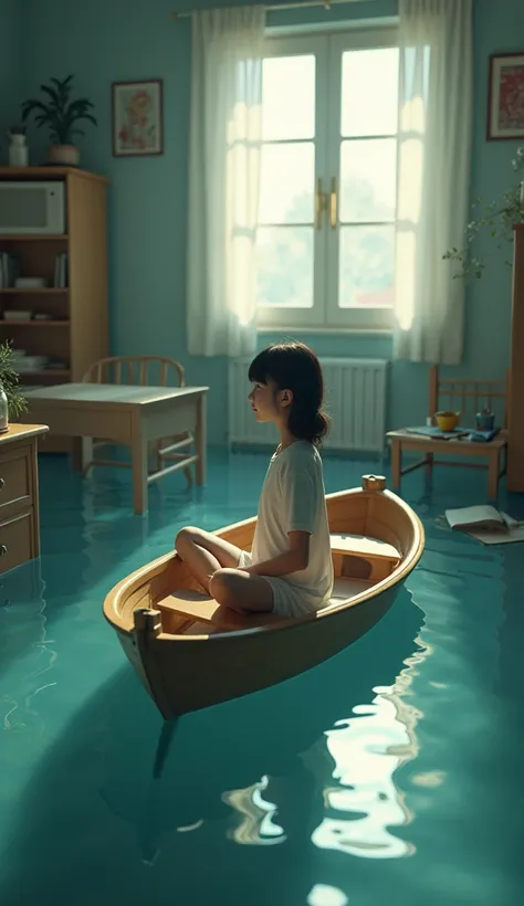 A girl sits at a boat in an bedroom flooded with water,side of view 