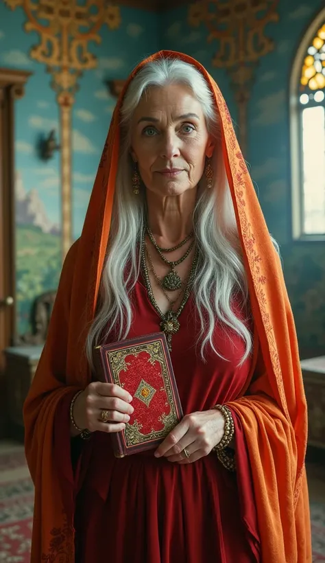 A cinematic photo of an elderly woman with wisdom and mystique, standing in a beautiful magical room in a holy palace. She is holding a deep red sparkling tarot card and a book. The overall ambiance is cinematic and captivating, with a 8k resolution. The w...