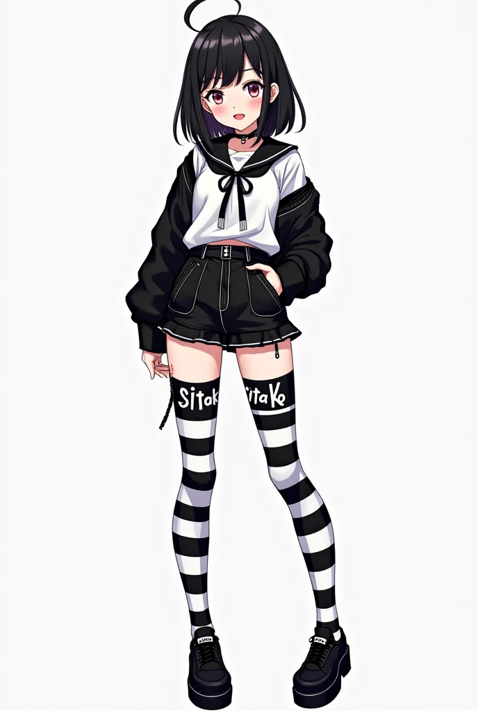 A stylish girl wearing a black and white striped thigh-high socks with ‘SITAKO’ written on them. anime