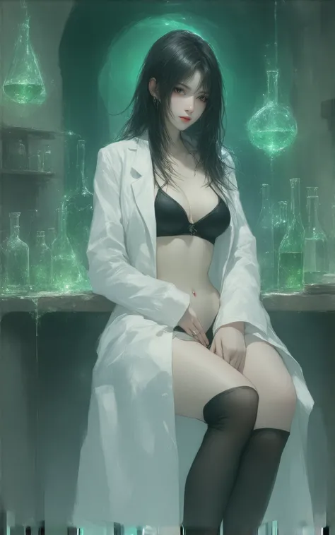 final fantasy style, kazuya takahashi's master piece,  in the seat, beautiful, Alluring,  masterpiece,  top quality,underground laboratory、 mad scientist、(( big breasts,  deep cleavage at the tip of the nipple)), White coat、Black tube top bra, many examine...