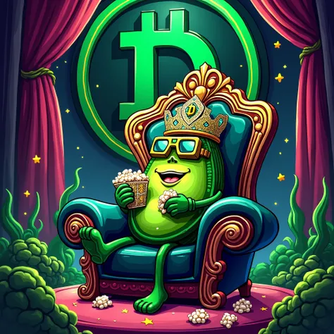 cool Green Digicoin Cartoon mascotte siting on a kimg chair with diamond green crown and happy eating a popcorn with 3d film glasses  with logo of a Digicoin similar like bitcoin , made a black coin  with green 'D' laying on the middle  , acid style  , dru...