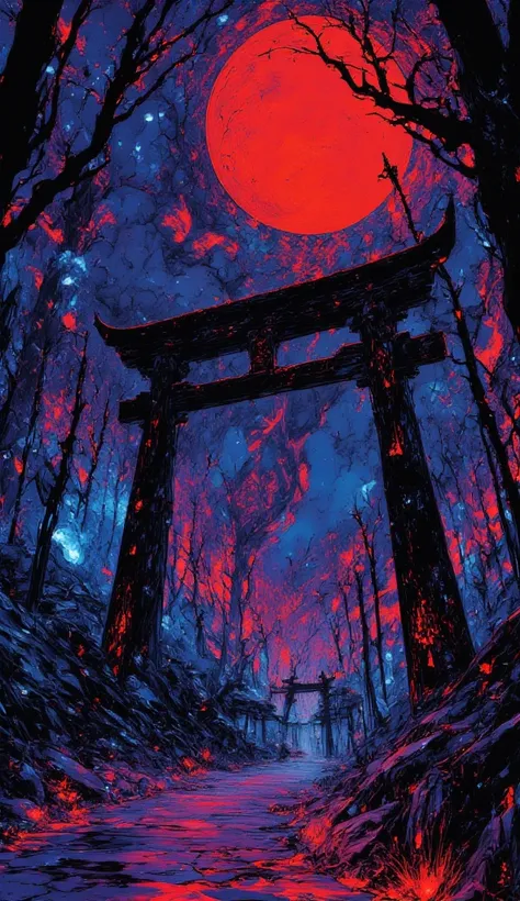 A towering, ancient torii gate stands in the heart of a forsaken land, its deep crimson wood cracked and splintered, worn down by centuries of forgotten prayers and lingering curses. Dark, jagged veins of blackened decay spread across its surface, pulsatin...