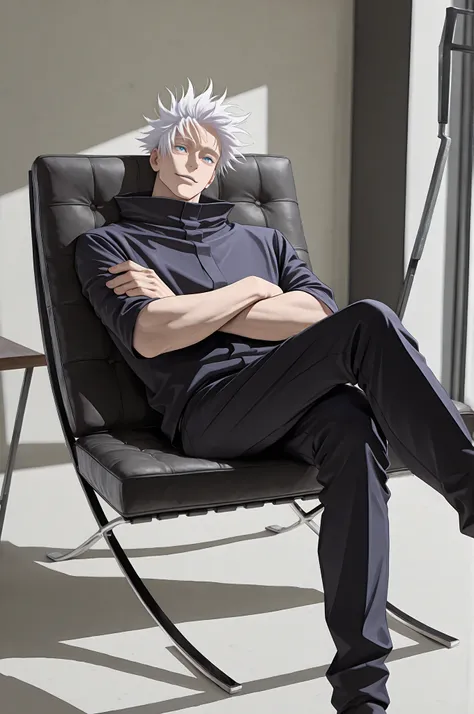 (masterpiece, best quality), best score, amazing quality, very aesthetic, absurdres, highres, newest, HDR, 8K, high detail RAW color art, 1boy, gojou satoru, jujutsu kaisen, blue eyes, white hair, sitting, black barcelona chair, barcelona chair, no armrest...