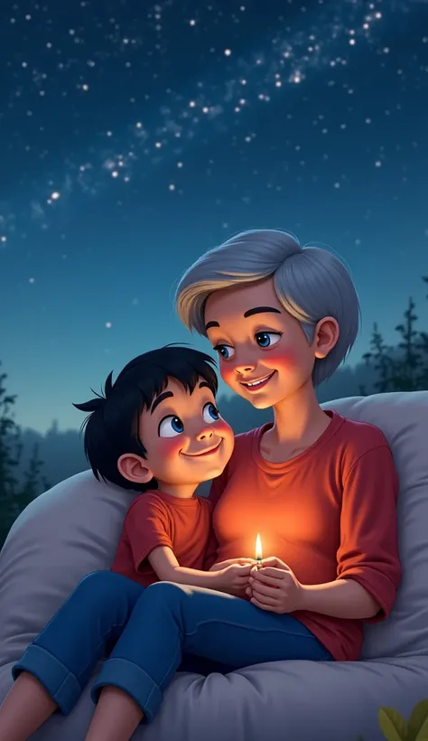  boy with black hair, big blue eyes, and a smiling face, wearing a red shirt and blue pants, lying on his grandmother’s lap under the open sky, listening to her bedtime stories as stars twinkle above.