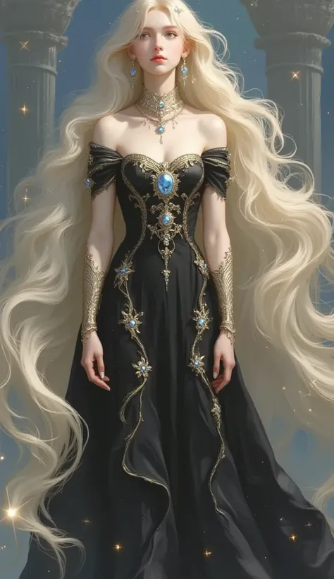      fantasy　  Moon and shooting stars 　     beautiful、Artemis in Greek mythology young and     beautiful　Moon Goddess　   Long Golden Hair 　     black long dress　     high image quality、     high quality、   very well detailed  、4K8K HIGH DETAIL  ,   textur...