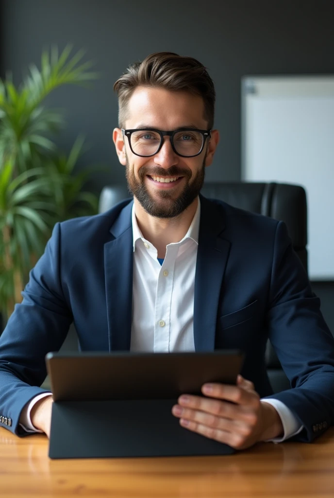 
"A professional young man with a neatly trimmed beard and glasses, wearing a dark blue suit and white shirt, sitting at a wooden office desk. He is working on a sleek black tablet with a keyboard cover. The background features a modern office setting with...