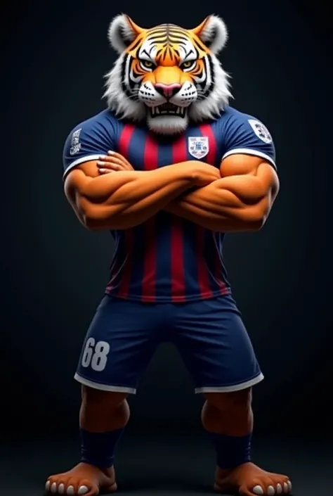 A very muscular tiger soccer mascot with blue and white football clothes realistic

￼
A fierce tiger mascot for a football team, standing tall with arms crossed, exuding power and confidence. The tiger has an intense, angry expression on its face, showing ...