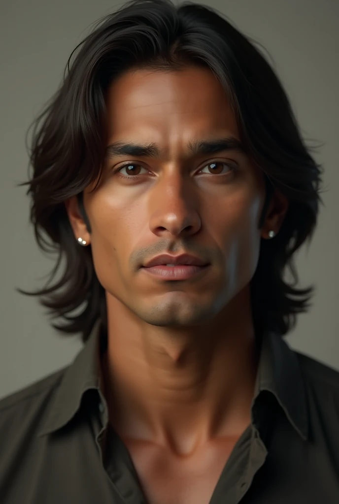  Highly realistic portrait of   35 year old tanned Latino male with medium length long straight hair