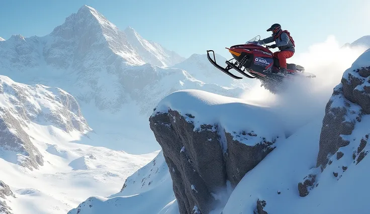 Giant rock、 jump、snowmobile in snowy mountains、Steep slope 、Camera aerial view 、 unique perspective