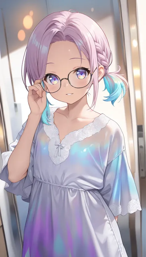 1girl,((glasses)),solo,(safe:1.2),tiny chest,(Adjusting her glasses:0.7),beautiful eyes,shiny eyes, Iridescent eyes,{Multicolored  hair,Iridescent hair}, gradation hair , (The color of the inner hair is a brighter shade than the outer hair color with mixed...