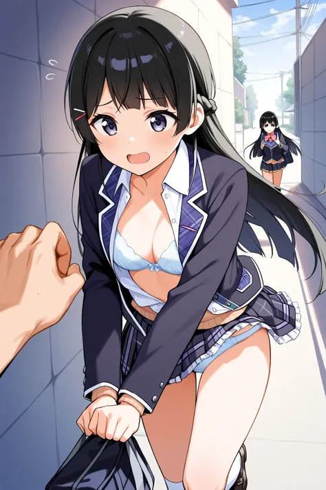 1girl, tsukino mito, A girl holds a guy's hand and pulls him, blazer, pleats  skirt, running, flying sweatdrops, has school bag, morning, street, Block walls, wide view, dressing, half undressed, open shirt, bra, panties, score_6, score_7, score_8, source_...