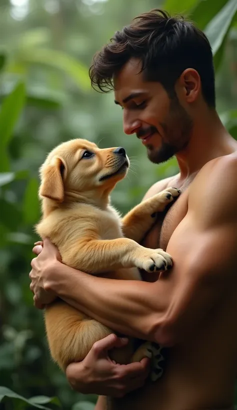  "Aryan gently lifts the golden puppy into his arms, carefully brushing away the thorns stuck in its fur. His face shows compassion, while the puppy looks up at him with trust forming in its eyes. The lush jungle background adds depth to the scene, rendere...