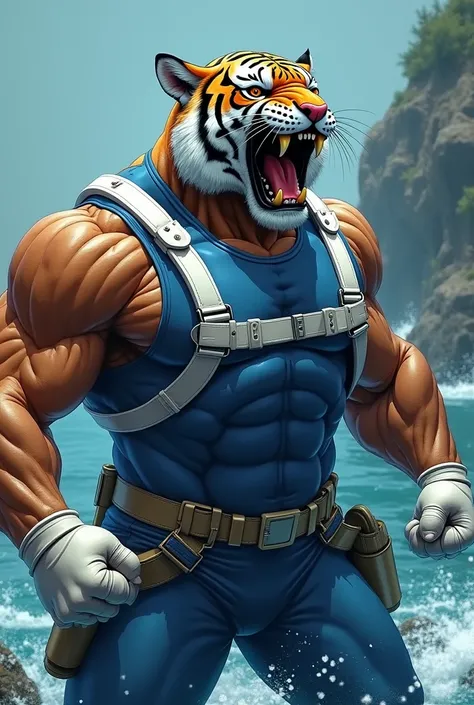 (A rugged beefy extremely muscular bulky old man), (wearing blue fully-zipped fullbody wetsuit with speedo), (wearing realistic roaring tiger mask), flexing his arms, wearing white bulky harness, wearing bulky scuba gear, muscular physique, toned muscles, ...