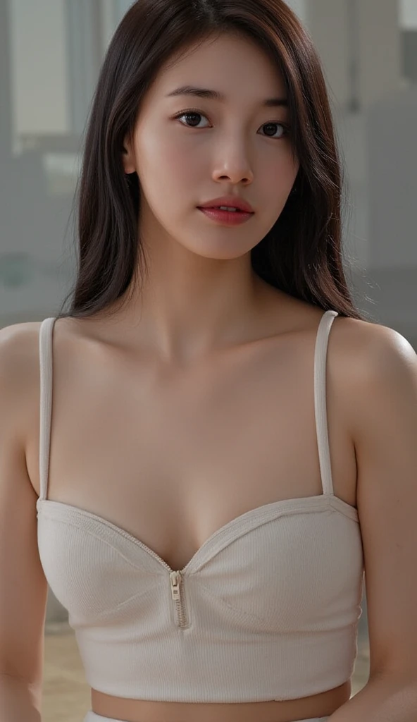 A seductive photo of a gorgeous sexy woman wearing a sexy cotton casual tank top, deep neckline, sexy, busty, cleavage, sultry, big natural breasts