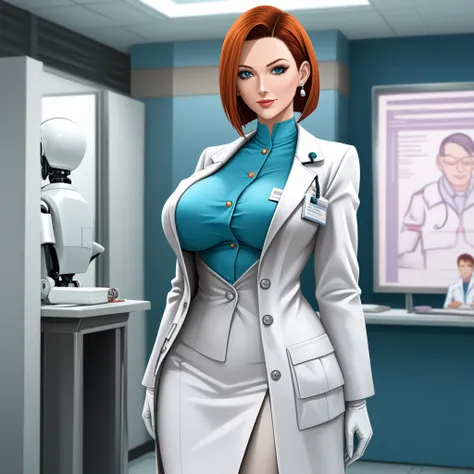 female style robot in doctor coat, fully clothed, covered breasts, Secret Laboratory, giga_busty