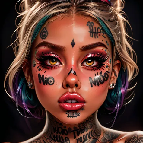 An artistic depiction of a girl with big lips and big eyes, bigger eyes, bigger lips, plump lips, long eyelashes, adorned with face tattoos, (urban face tattoos) The style is a blend of surrealism and pop art, with DARK colors and VERY exaggerated features...