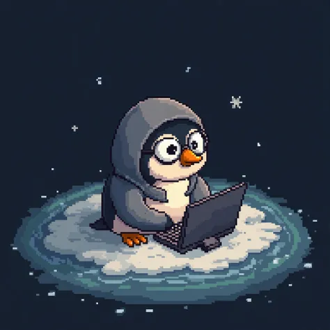 pixel art of a penguin in the middle of a scene in the style of fantasy creatures, wearing a grey hoodie, with round glasses, with a computer on the ground, coding on the computer while setting, 2D game asset, pixel art, 8-bit aesthetic, high resolution, s...