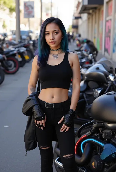 
A confident 19-year-old Mexican-American biker girl standing next to a custom matte black motorcycle with glowing neon blue and red accents. She has sleek black hair with electric blue streaks running through it, styled in an edgy and rebellious fashion. ...