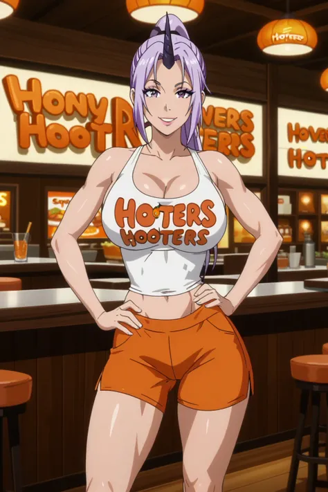 score_7_up, anime screencap, Shion, 1girl, solo, mature woman smile, high ponytail, long hair, purple hair, purple eyes, parted bangs, single horn, flirting, ((looking at viewer)), makeup, bare shoulders, cleavage, hooters uniform, hooters, white tanktop, ...