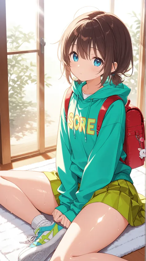  top quality、  Hi-Res,  Masterpiece,  anatomically correct,  High Details ,  textured skin,  one girl ,、small girl, from my chest:1.2、 mouth、 sky blue eyes,  indoor, Shiny dark brown hair :1.3, Hairstyle:medium hair, colorful shirt for girls,hoodie with zi...