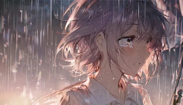  1 girl, Sad crying
rainy, 
 wet close, 
  see-through, 
 top quality,  Masterpiece, By rella