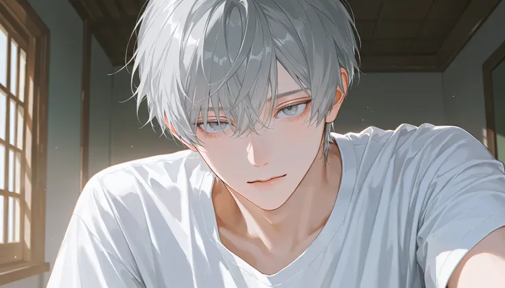 1 man, handsome, cute, beautifull man, grey hair, short hair, short length hair, with bangs, male focus, perfect Eyes, grey eyes, semi-anime art, expressive brushstrokes, vibrant brushstrokes, impressionistic painting, realistic skin, anime hair, semi-real...
