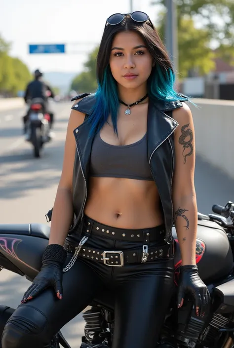 Alternative Prompt for Maya "Viper" Ramirez (Daytime, Different Outfit):
A confident 19-year-old Mexican-American biker girl leaning against her custom matte black motorcycle with glowing neon blue and red accents. She has sleek black hair with electric bl...