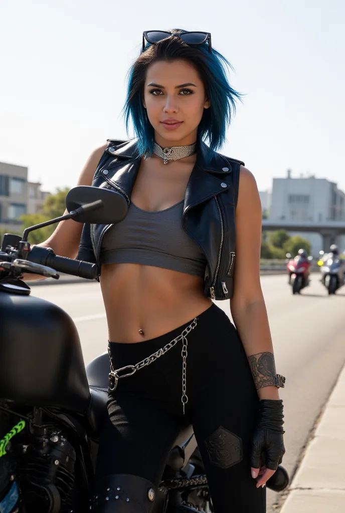 Alternative Prompt for Maya "Viper" Ramirez (Daytime, Different Outfit):
A confident 19-year-old Mexican-American biker girl leaning against her custom matte black motorcycle with glowing neon blue and red accents. She has sleek black hair with electric bl...