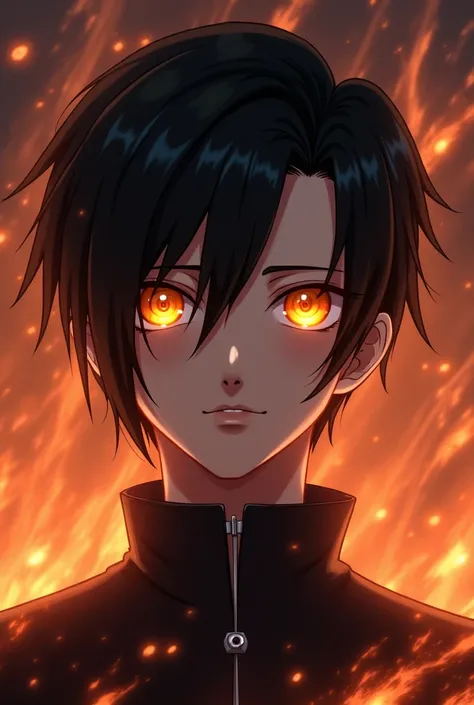 A age boy with **Aizen Sosuke's iconic hairstyle** (sleek, swept-back dark hair with a loose strand falling over one side of his face), **glowing orange eyes** (sharp and intense, like a sunset hue), and a calm, enigmatic expression. His features are youth...