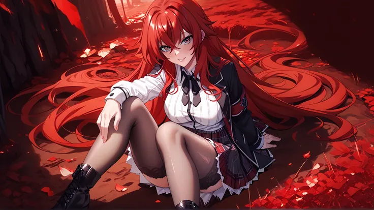   Sexy rias gremory, UHD, Wearing a very sexy school uniform,  dark gray tights ,  red hair,  Long hair ,  big breasts , voluptuous, In a reddish wasteland,  on their knees ,